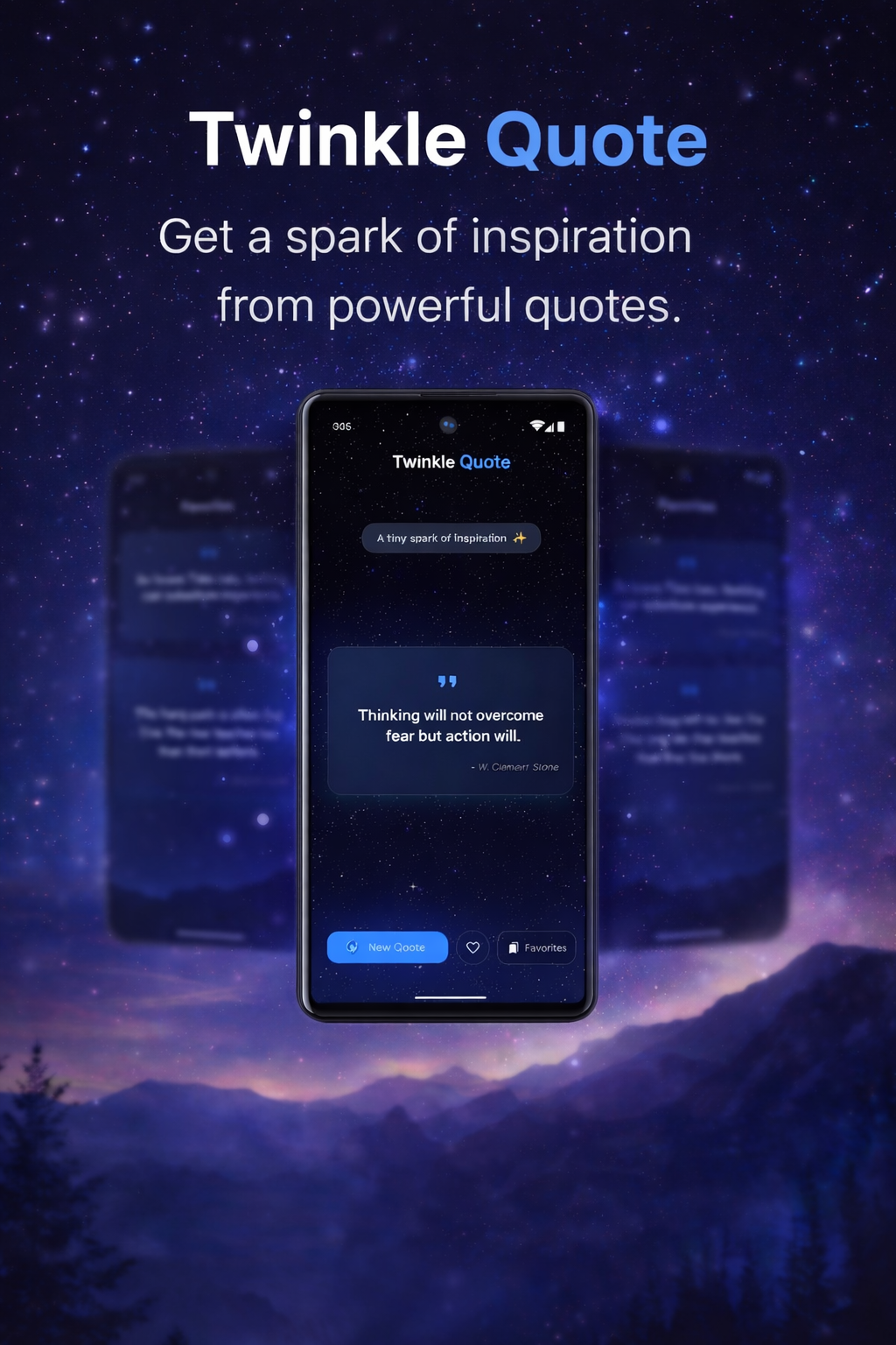 Twinkle Quote promotional image showing the app interface with a quote displayed on a phone mockup against a starry night sky background