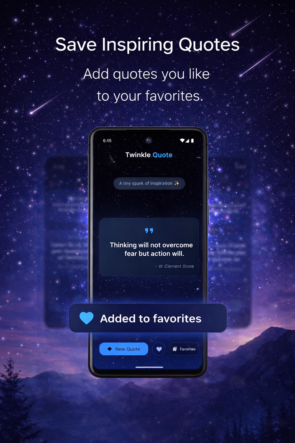 Promotional image showing the save to favorites feature with an 'Added to favorites' notification on the app screen