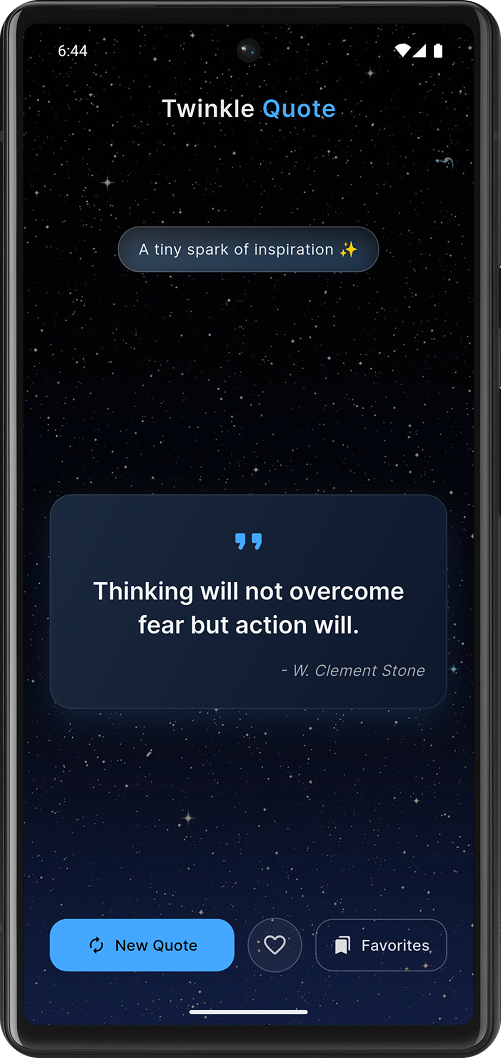 Main quote screen showing an inspirational quote by W. Clement Stone with New Quote, heart, and Favorites buttons at the bottom