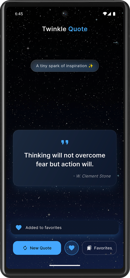 Quote screen with 'Added to favorites' notification displayed, showing a quote has been saved